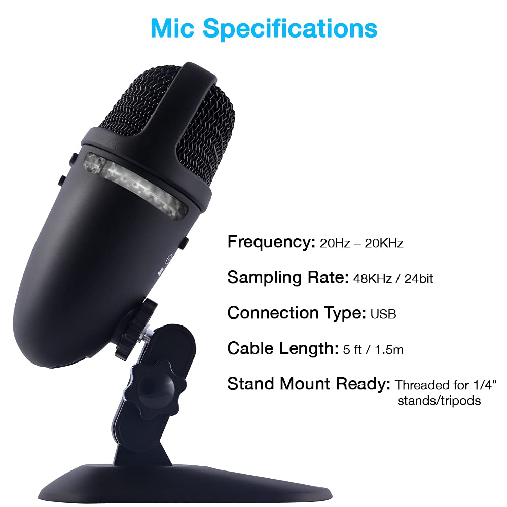 Cyber Acoustics Premium USB Microphone with Dual Recording Patterns - 24-bit Recording Perfect for Podcasting and Vlogging - Com